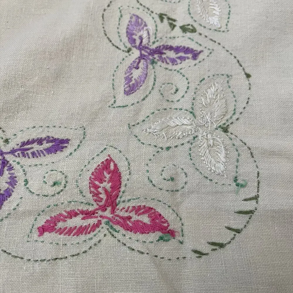 Hand-Embroidered Linen Kitchen Towel 29 x 33 in Yellow w/ Multicolor Floral